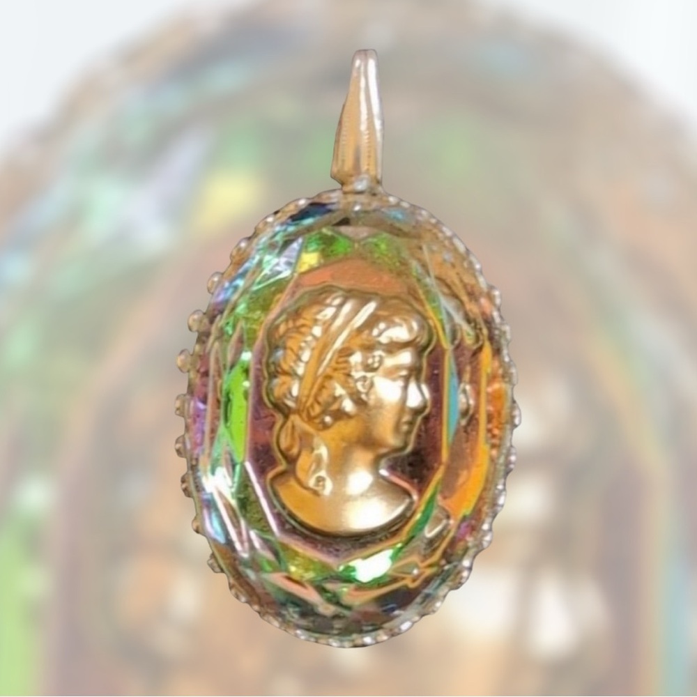 Vintage Rainbow Glass Intaglio Cameo Brooch Pendant Multicolor